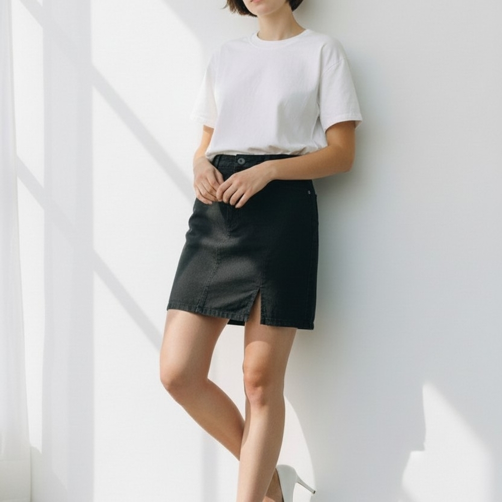Forever 21 Black Denim Mini Skirt with Small Front Slit